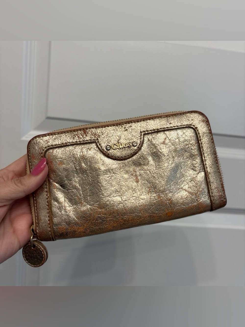 Chloe Metallic Gold Leather Zip Wallet with Rust Undertone